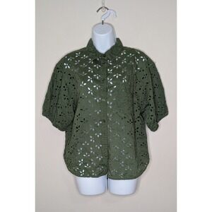 J. Crew Sz 14 Olive Green Eyelet Lace Puff Sleeve Top Feminine Peasant Boho